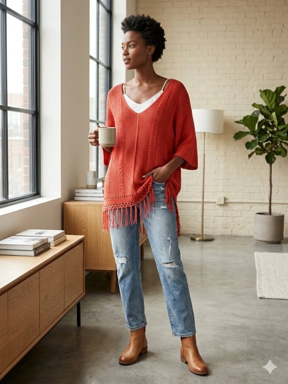 Chico's Size 2/12-14 (L) Orange Shaina Fringe Open Weave Pullover Sweater Topper